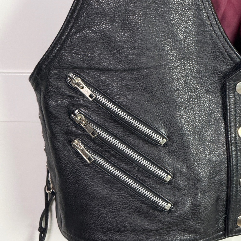 Vintage Heavyweight Premium Leather Biker Vest Studded Women's Moto Side Lace L - Picture 2 of 7
